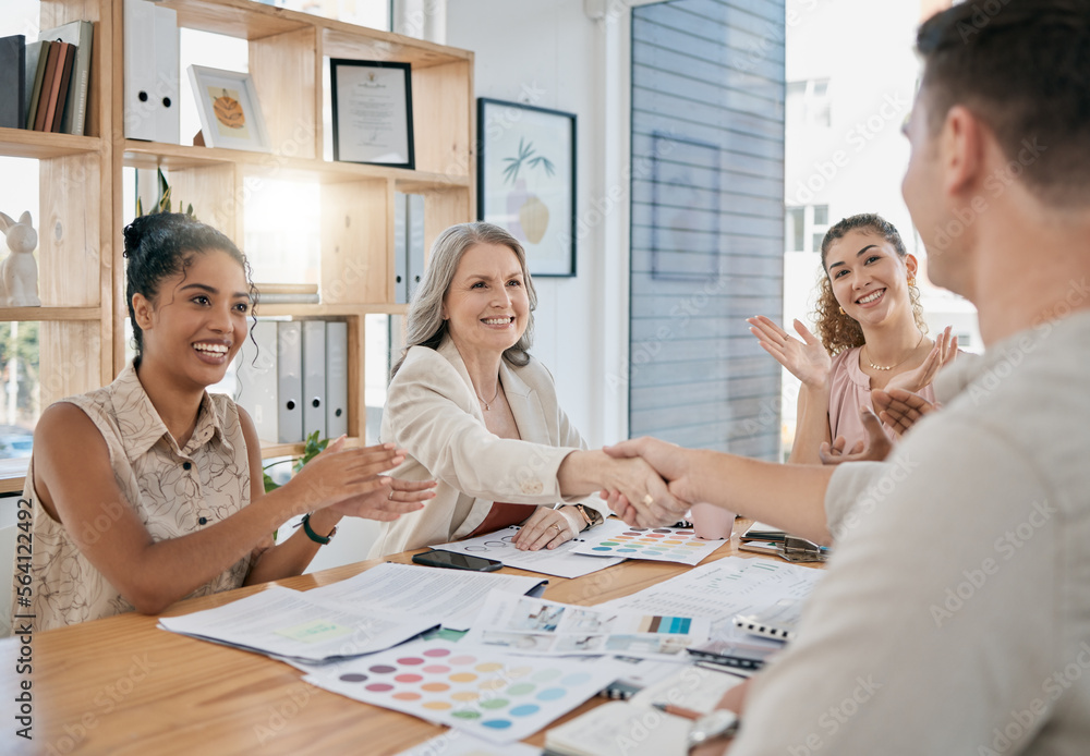 Fototapeta premium Partnership handshake, applause and business people in office. Welcome, shaking hands and group of men and women clapping to celebrate success, contract or deal, agreement or recruitment and hiring.