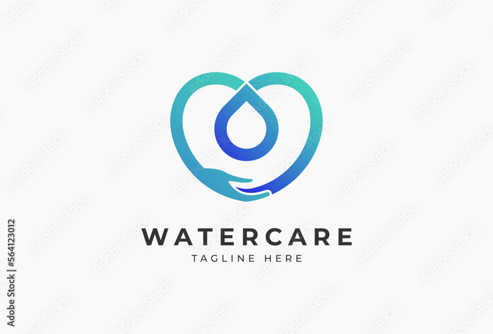 water drop logo, water and hand combination forms heart symbol, vector illustration