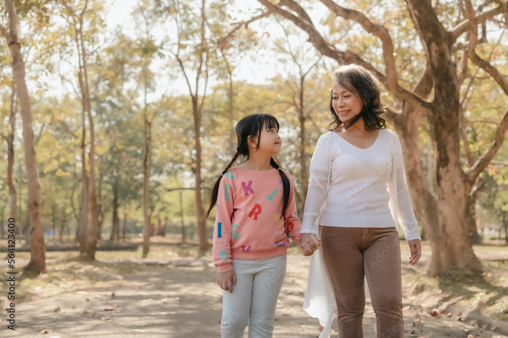 Fototapeta premium Portrait of asia grandmother and grandchildren holiday vacation together in the park in the summer in Southeast Asia Pacific. Walking