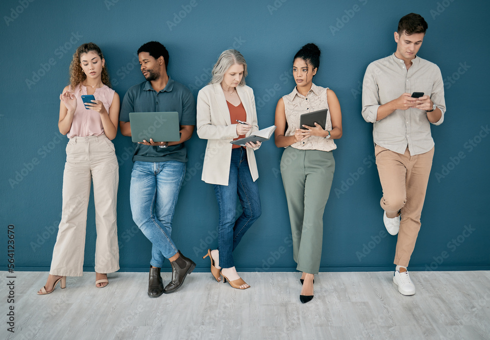 Obraz premium Hr, human resources and people in a waiting room for job interview in office. Onboarding, hiring or group of business men and women with book and technology, wait and standing in line for recruitment