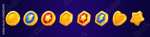Cartoon set of game coins and medals isolated on background. Vector illustration of shiny golden bonus items of round, heart, star, hexagon shape. Competition reward. Gui design elements collection