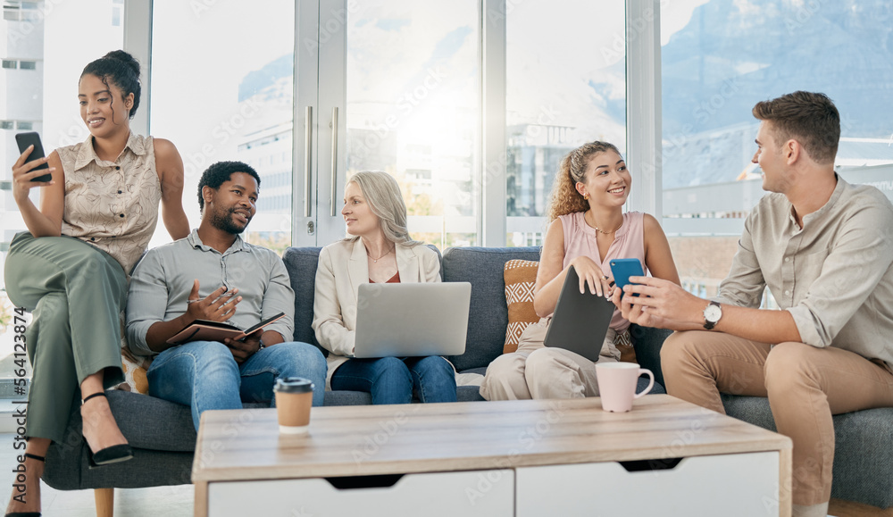 Obraz premium Team, laptop and designer discussion of sofa in modern office for web design collaboration, strategy innovation and creative meeting. Teamwork, talking and planning tech development on agency couch