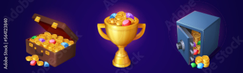 Piles of gold coins and gemstones in golden cup, deposit box and suitcase. Game icons of treasure, trophy with goblet and briefcase full of crystals and golden money, vector cartoon set