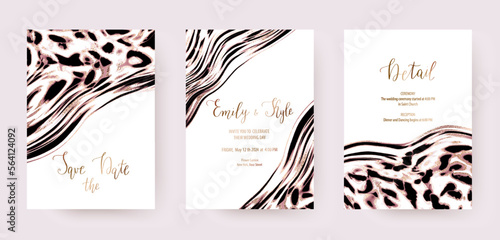 Holiday invitation templates with leopard animal texture and gold stains.