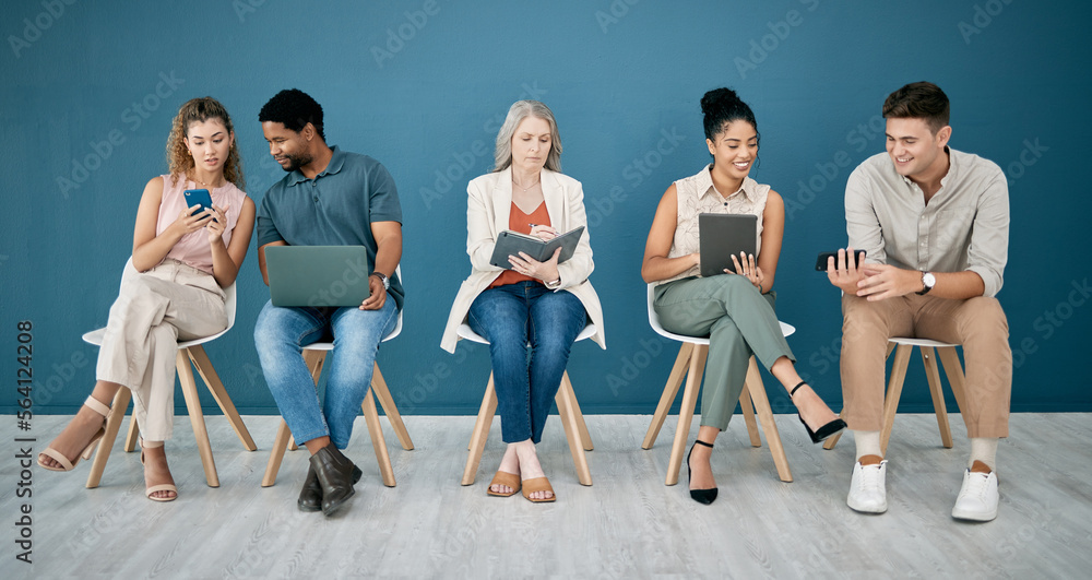 Obraz premium Human resources, hr and people in a waiting room for job interview at office. Onboarding, hiring or group of business men and women with book and technology, wait and sitting in a row for recruitment