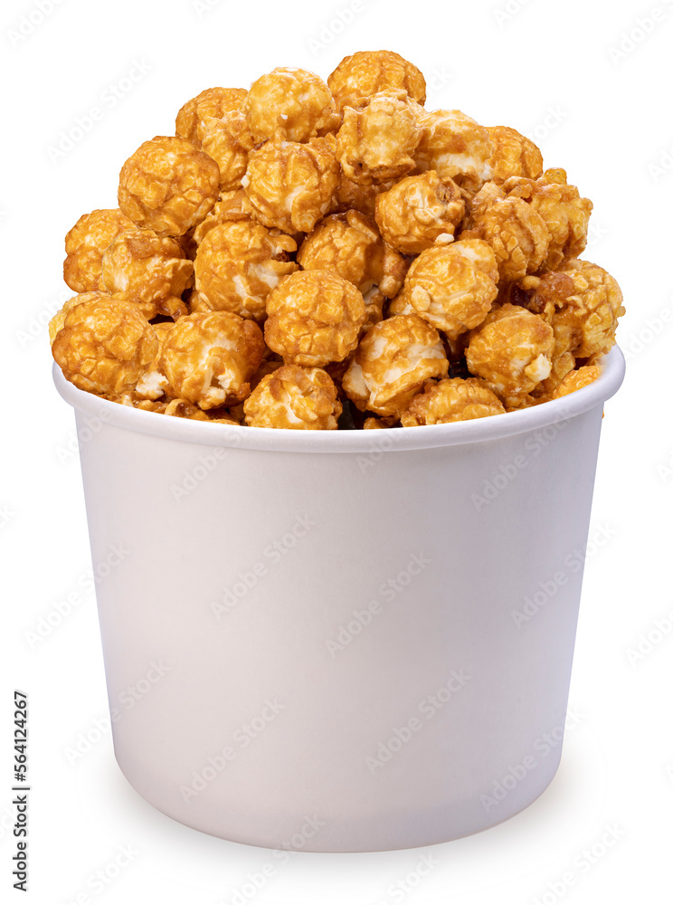 Caramel Popcorn on paper bucket isolated on white background, Mushroom Popcorn on white With work path. Caramel Popcorn on paper bucket isolated on white background, Mushroom Popcorn on white With work path.