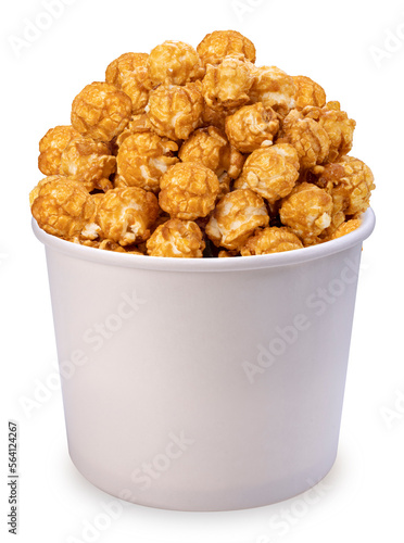 Caramel Popcorn on paper bucket isolated on white background, Mushroom Popcorn on white With work path.