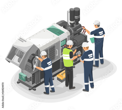 Engineer Maintenance failure machine isometric Grey Machine industrial employee worker fixing in factory element on white background illustration isometric isolated vector