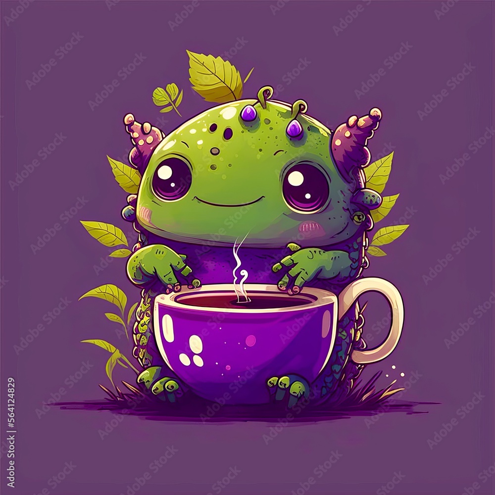 Cute Adorable Plant Monster Holding a Delicious Cup of a Favorite Hot Beverage Like Coffee, Tea, Cocoa (Generative AI)