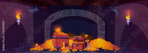 Castle dungeon with treasure chest, gold money piles, jewelry and gem. Fantasy game background of medieval palace interior with treasury, vector cartoon illustration