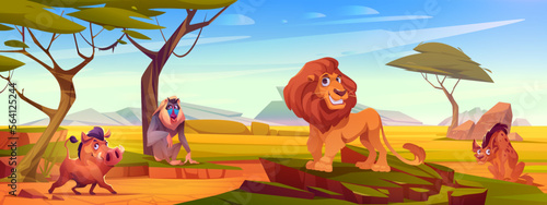 Savannah landscape with african animals. Cute lion, warthog, baboon and hyena characters in savanna or safari park. Nature scene with wild animals, trees and grass, vector cartoon illustration photo