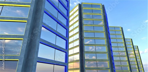 Day view of several newly built apartment buildings for Ukrainian refugees in Europe. Glass facade illiminated in yellow and blue as flag of the State. 3d rendering. photo