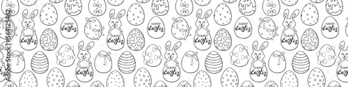 Vector seamless pattern with cute funny contoured easter bunnies with eggs and greeting inscriptions. Holiday backgrounds and textures in doodle style