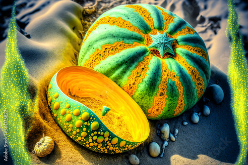 green and yellow verigated pumpkin exploding. Generative AI	 photo