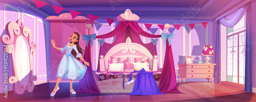 Beautiful princess in pink royal bedroom. Vector cartoon illustration of pretty young woman in elegant dress smiling in mirror. Vintage room interior with retro furniture, bed, wardrobe, dresser