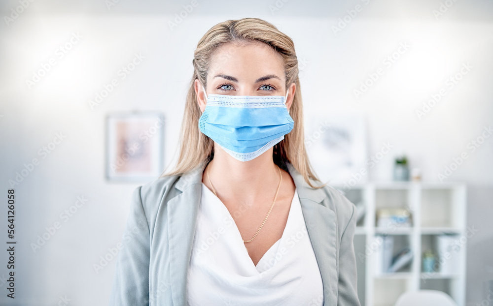 Woman, office portrait and mask for covid 19, safety and health to stop spread in workplace. Corporate leader, manager and wellness in workspace with blurred background, ppe and self care for virus