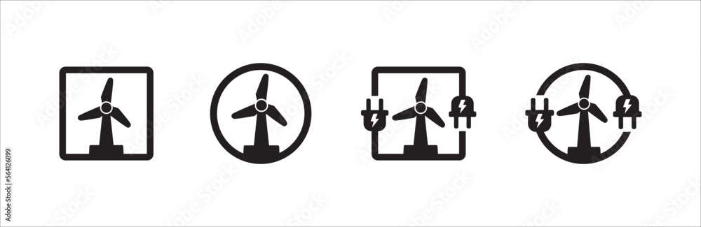 Wind power electricity icon set. Power related icons. Green energy vector icons set. Renewable wind farm turbine power generator symbol. Clean energy source illustration.