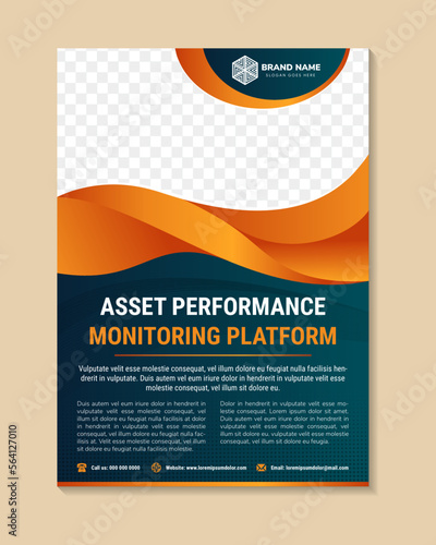 flyer template design for promotion of asset performance monitoring platform. vertical layout with space for photo. wave curve orange gradient elements. dark blue background. space for photo collage.