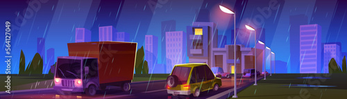 Night city traffic in rainy weather. Vector cartoon illustration of cars and trucks driving on dark road illuminated with street lamps, cityscape background with high-rise buildings under rainfall