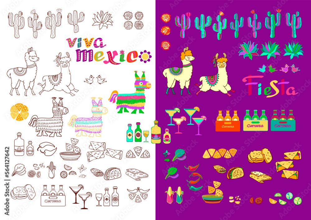 Fototapeta premium Collection of Mexican holidays symbols set. Fiesta party supplies. Vector.
