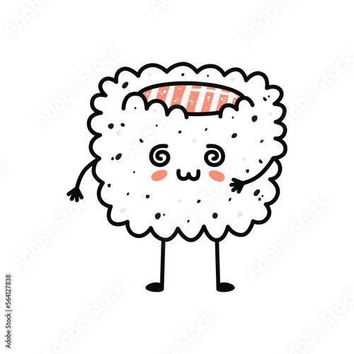 Kawaii sushi mascot in cartoon style. Cute uramaki with salmon for menu.