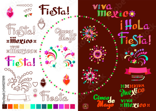 Collection of Mexican holidays symbols set. Fiesta party supplies. Vector.
