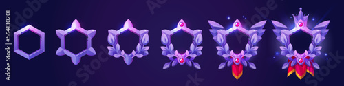 Purple hexagon frames of game avatars. Fantasy ranking badges with glowing borders with laurel, gems, crown and red pennant, vector cartoon set isolated on background