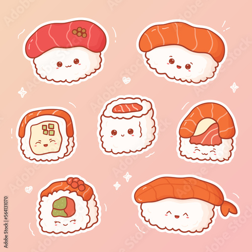 Set of kawaii sushi and rolls. Collection of cute stickers asian food with funny and happy face in cartoon style. Vector illustration