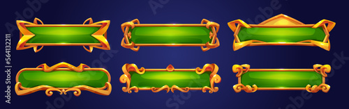 Medieval buttons, ui game menu elements, green oblong banners and gold ornate rims. Empty royal gui bars for rpg or arcade, golden borders, web design interface Cartoon 3d vector illustration, set