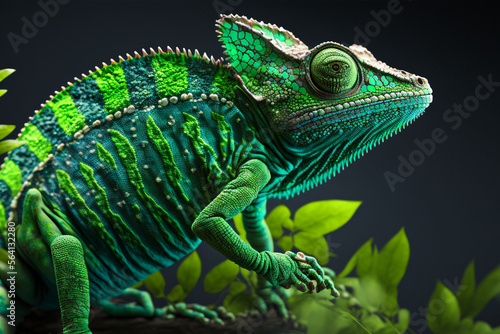 Green colored chameleon. Generative AI © idealeksis