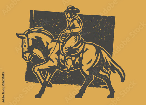 Old Press Style of Cowgirl Riding the Horse photo