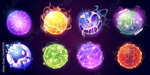 Cartoon set of magic fortune telling balls. Vector illustration of mysterious energy spheres for future prediction. Witchcraft glass orbs glowing isolated on dark background. Suprenatural power symbol