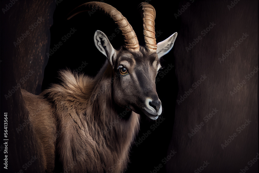 Portrait of an alpine ibex on a black background. generative ai Portrait of an alpine ibex on a black background. generative ai