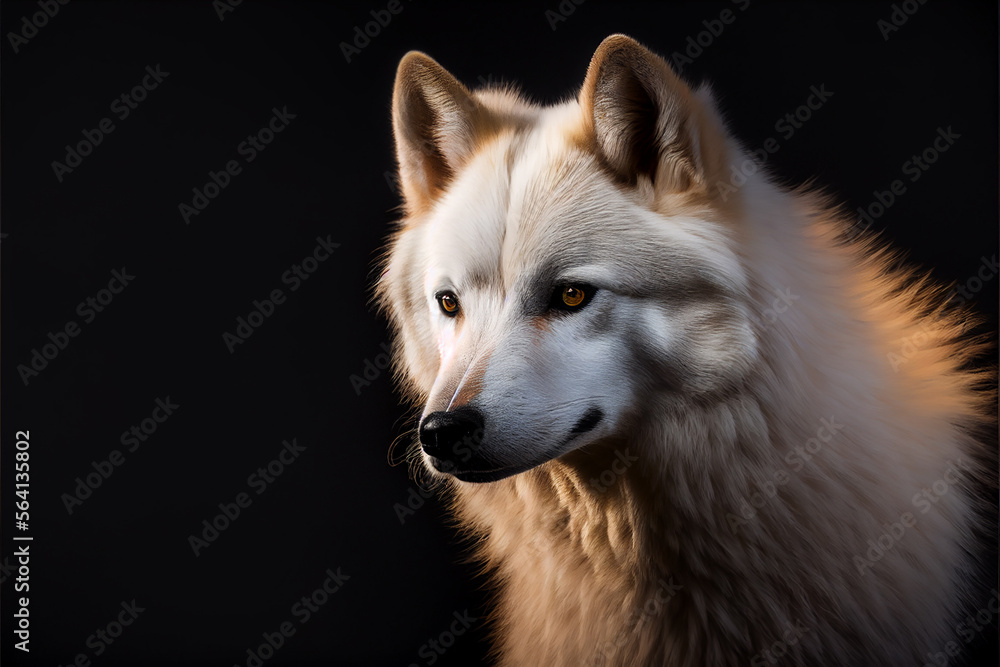 Portrait of a arctic wolf on a black background. generative ai