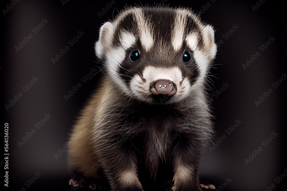 Portrait of a baby badger on a black background. generative ai