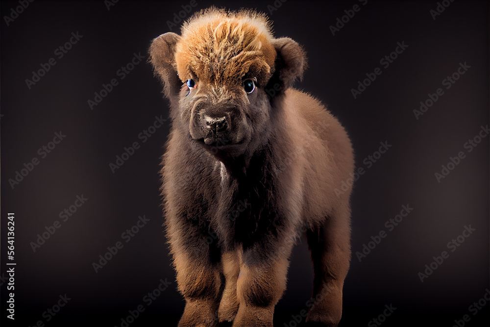 Portrait of a baby bison on a black background. generative ai