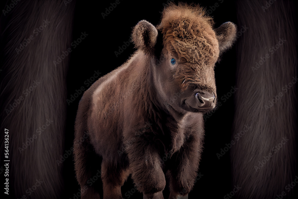 Fototapeta premium Portrait of a baby bison on a black background. generative ai