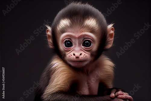 Portrait of a baby capuchin monkey on a black background. generative ai © Julian
