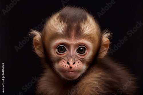 Portrait of a baby capuchin monkey on a black background. generative ai © Julian