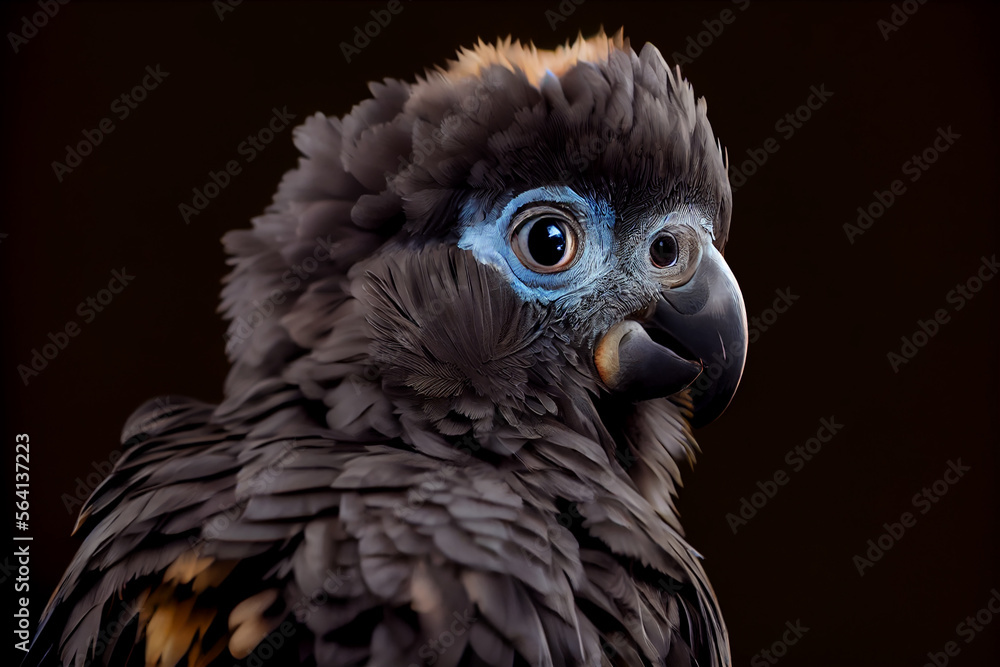 Obraz premium Portrait of a baby macaw on a black background. generative ai