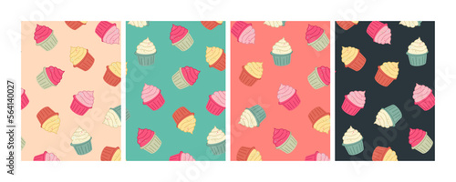 a network of multicolored posters with cakes, cupcakes, a vector set with sweets in bright colors, a seamless pattern for candybar, a coder store