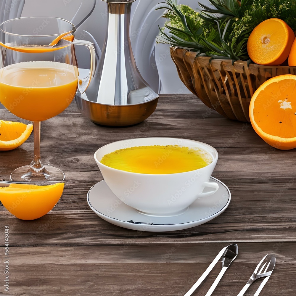 A glass of orange juice on a breakfast table3, Generative AI A glass of orange juice on a breakfast table3, Generative AI