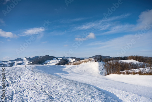 a snowy landscape featuring hills in the background with a blue sky