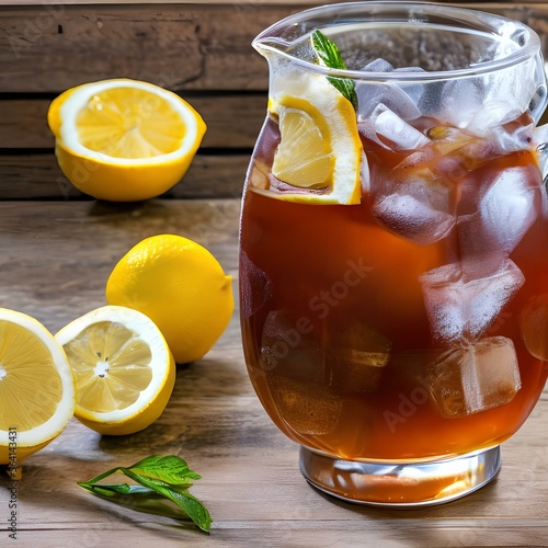 A pitcher of iced tea with a slice of lemon1, Generative AI photo