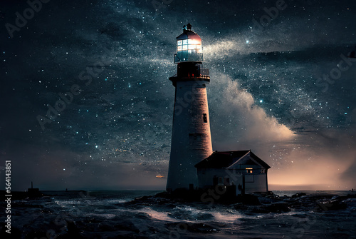 Lighthouse on the shore against the background of the starry sky. Generative AI