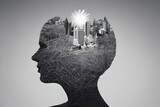 head silhouette with city and ecology in mind, generative ai illustration in black and white