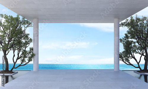 Mockup empty space of living room. Luxurious apartment and sea view background with contemporary design. Modern interior design. 3D render  3D illustration