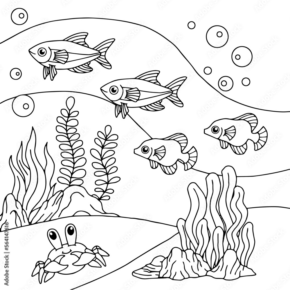 design aqua fish outline coloring page for kid