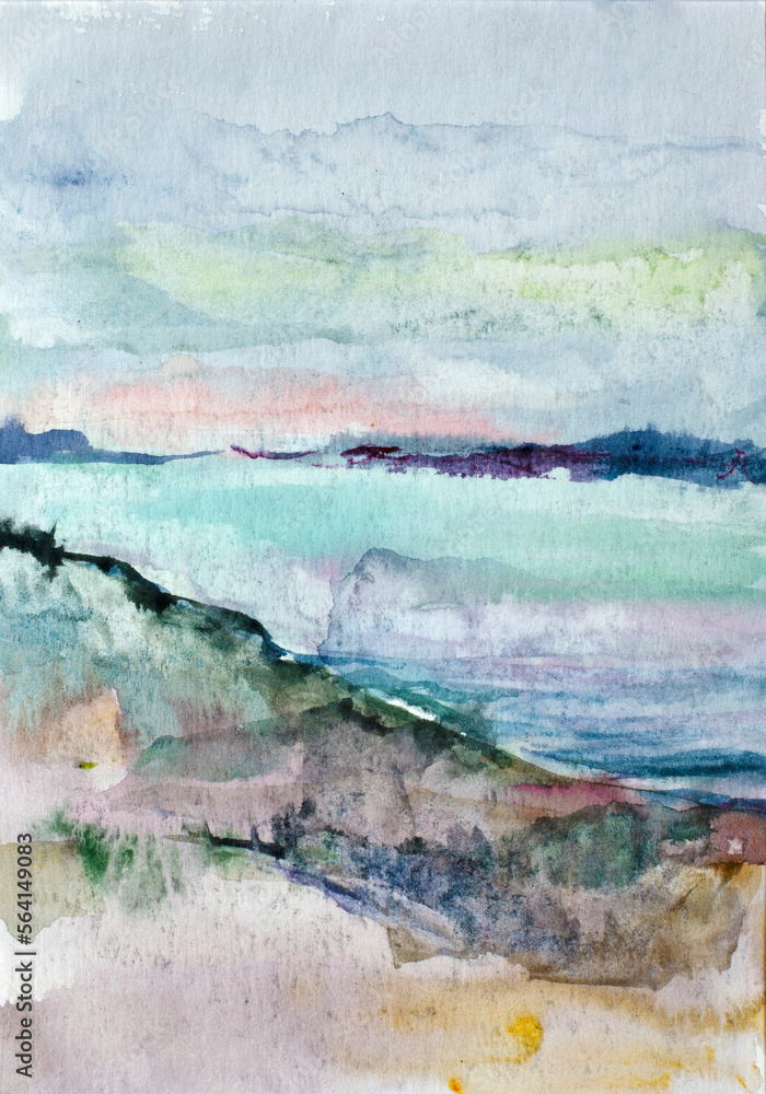 Watercolor Sketch with picturesque landscape of seashore and clouds, painted on paper. Raw colorful abstract aquarelle painting. Contemporary fine art.