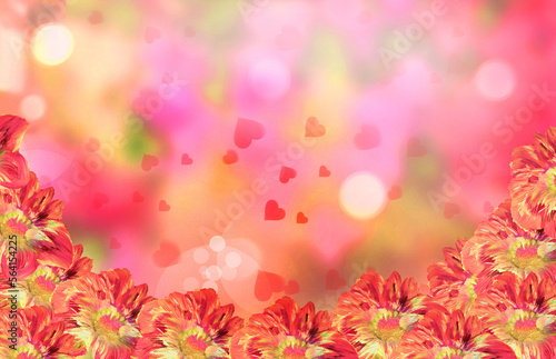 Fototapeta Naklejka Na Ścianę i Meble -  Dreamy gradient background with colorful roses, hearts merging in a pastel colored flower composition. Floral border frame and copy space. Template blurred banner. Birthday, wedding and VAlentines day
